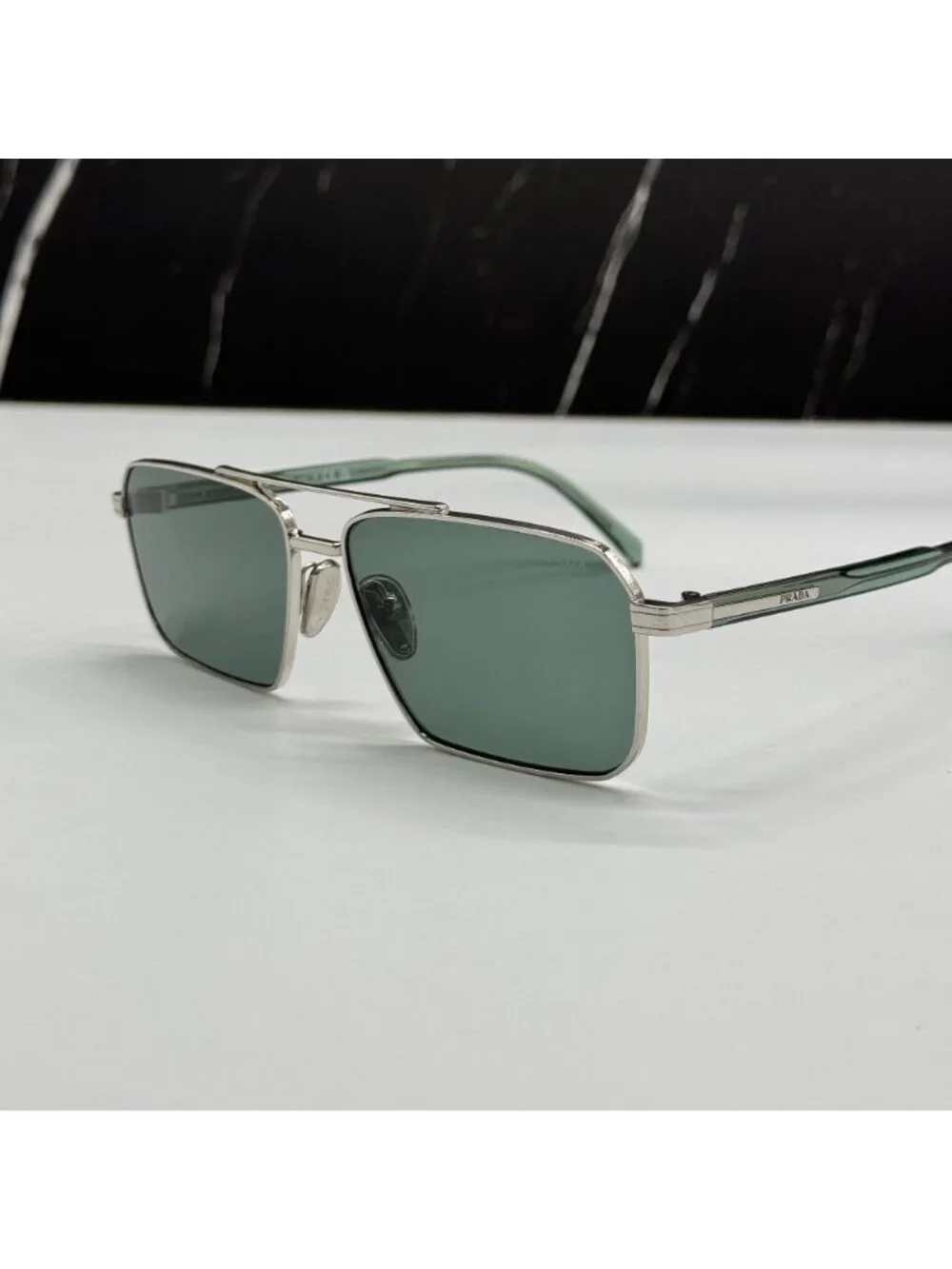 Prada PRA57S 1BC10G Unisex Square Silver Green Sunglasses Authentic NEW